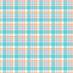 Plaid pattern featuring turquoise, orange, and white intersecting stripes.
