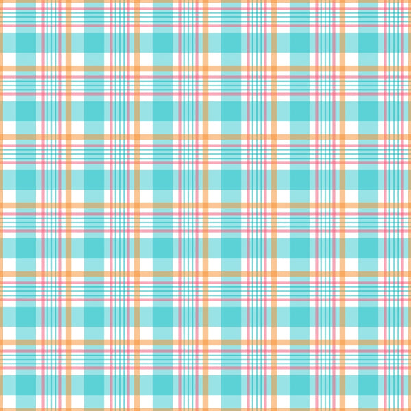 Plaid pattern featuring turquoise, orange, and white intersecting stripes.