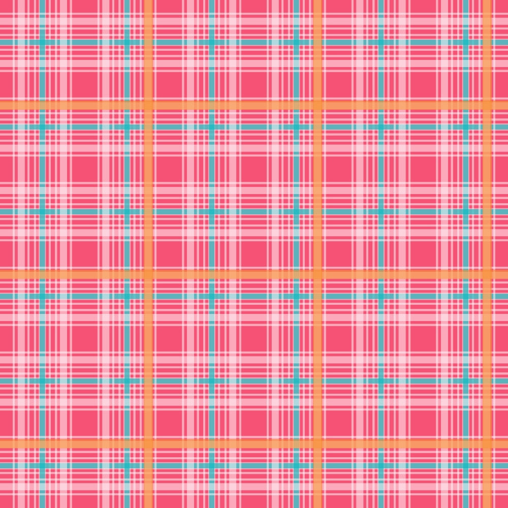 A colorful plaid pattern with intersecting lines in pink, white, blue, and yellow, forming squares and creating a repeating design.