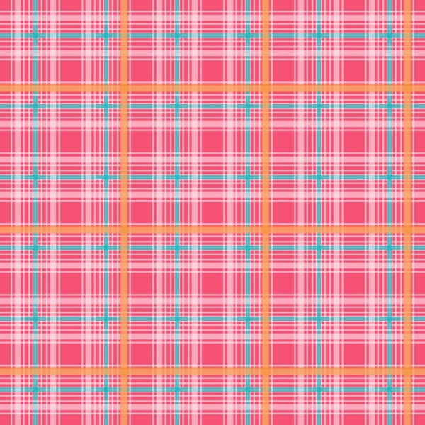 A colorful plaid pattern with intersecting lines in pink, white, blue, and yellow, forming squares and creating a repeating design.