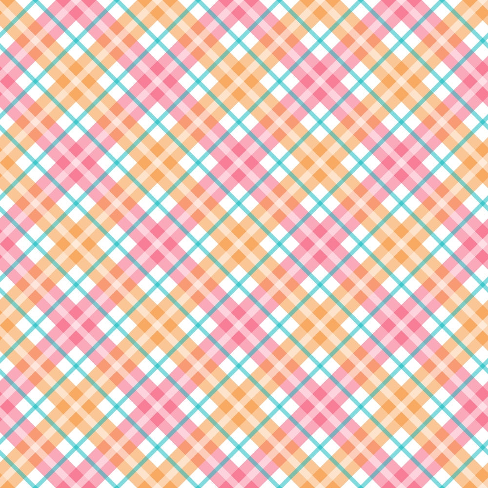 A colorful plaid pattern featuring intersecting lines and squares in pink, orange, and teal on a white background.