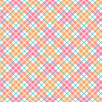 A colorful plaid pattern featuring intersecting lines and squares in pink, orange, and teal on a white background.