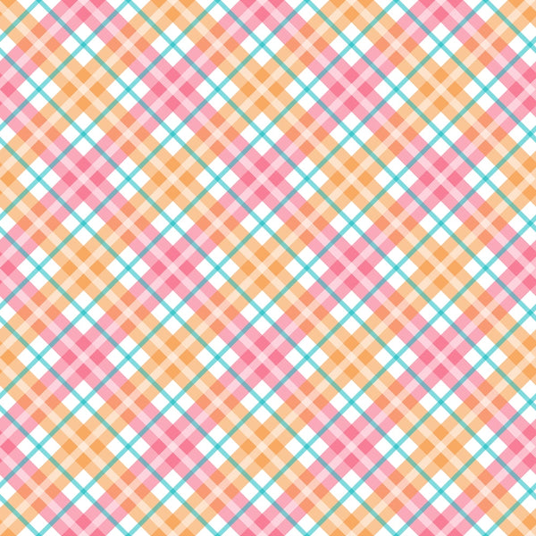 A colorful plaid pattern featuring intersecting lines and squares in pink, orange, and teal on a white background.