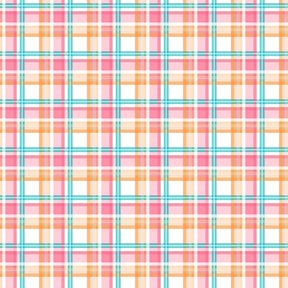 Pattern of intersecting orange, pink, and teal lines forming a plaid design on a white background.