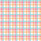 Pattern of intersecting orange, pink, and teal lines forming a plaid design on a white background.