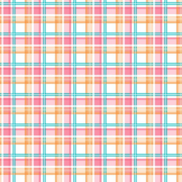 Pattern of intersecting orange, pink, and teal lines forming a plaid design on a white background.
