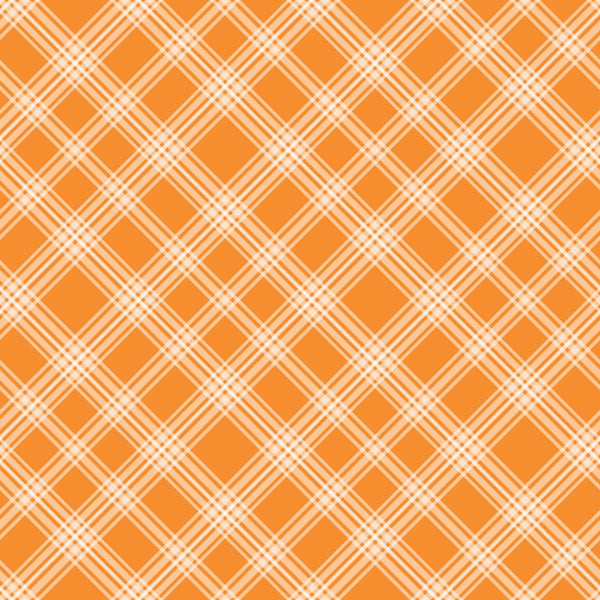 Orange and white plaid pattern with intersecting diagonal lines forming squares and diamonds.