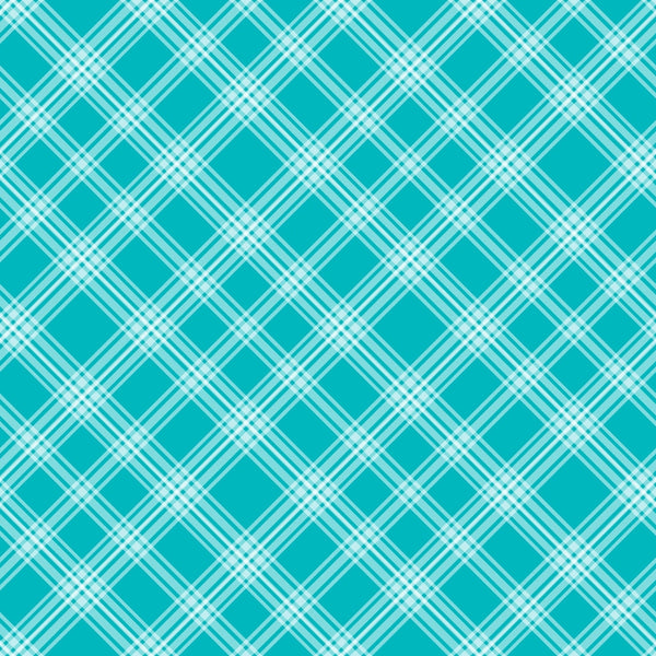Teal plaid pattern with intersecting white lines forming a crisscross design.