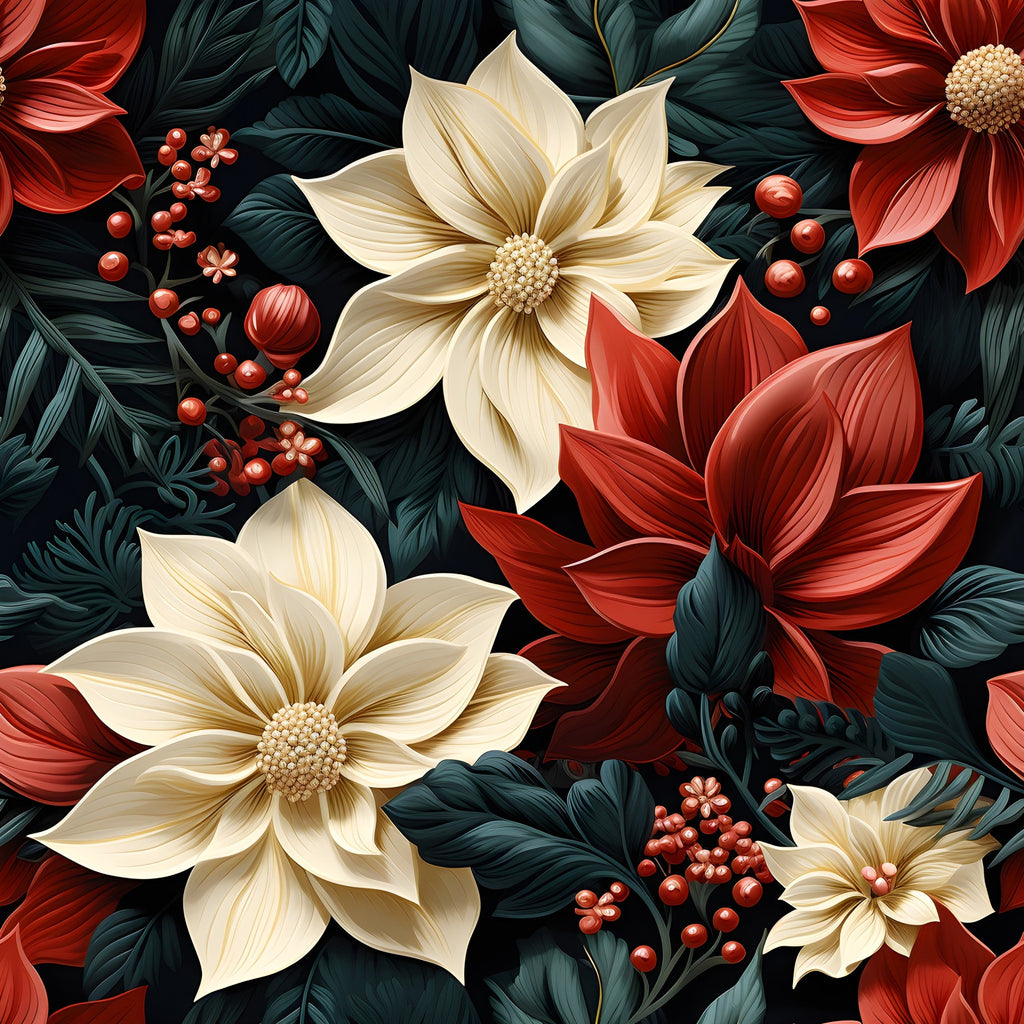 cream flowers, red poinsettias, dark green foliage, burgundy petals, coral berries, floral pattern, botanical design, christmas blooms, holiday florals,, fabric panel, winter flowers, festive pattern, detailed petals, textured leaves, seasonal blooms, rich colors, decorative florals