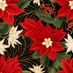 red poinsettias, white flowers, green leaves, red berries, black background, floral pattern, christmas blooms, holiday fabric,, botanical design, festive flowers, winter blooms, seamless pattern, vibrant red, cream accents, decorative florals, seasonal fabric, poinsettia motif, holiday quilting, tropical leaves