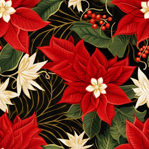 red poinsettias, white flowers, green leaves, red berries, black background, floral pattern, christmas blooms, holiday fabric,, botanical design, festive flowers, winter blooms, seamless pattern, vibrant red, cream accents, decorative florals, seasonal fabric, poinsettia motif, holiday quilting, tropical leaves