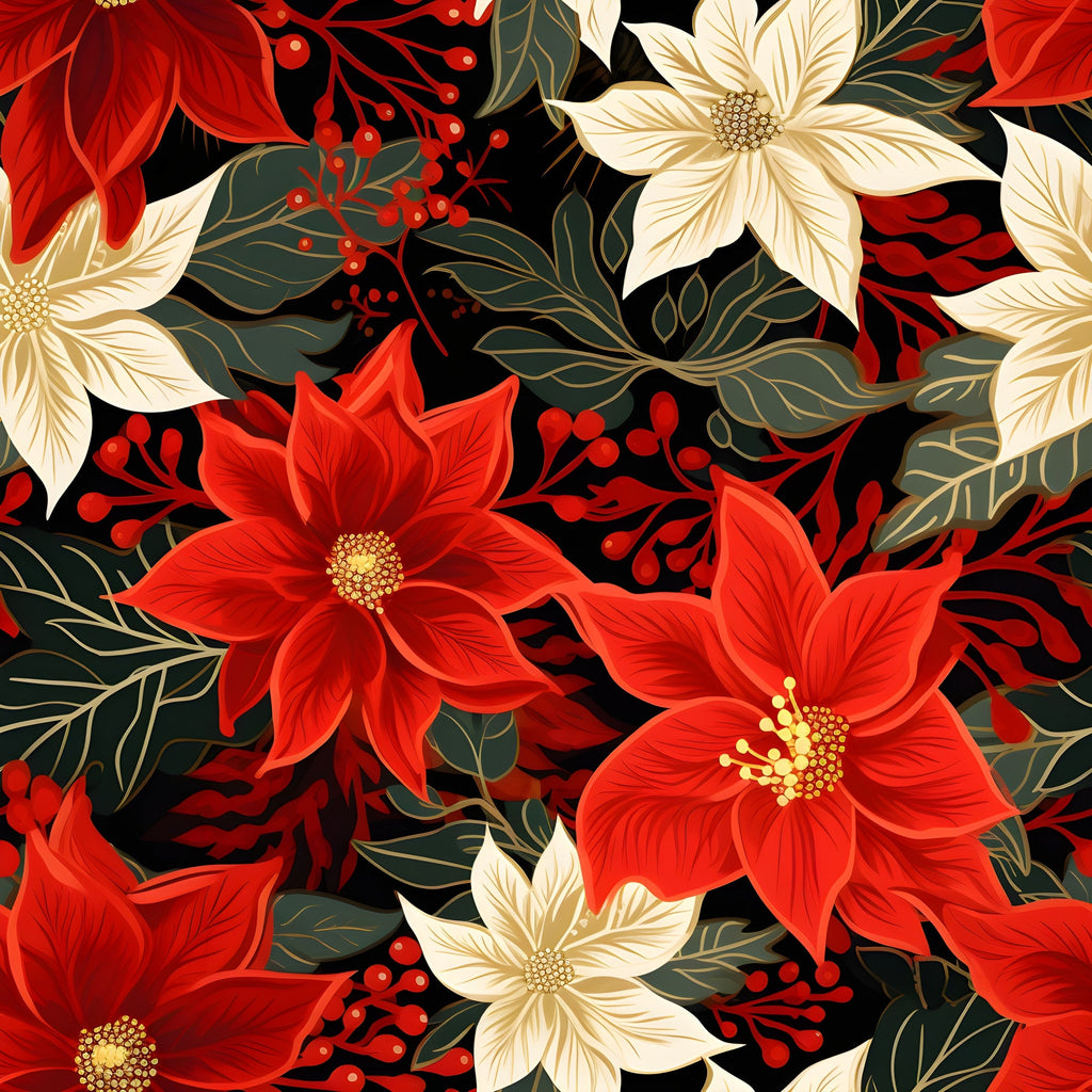 red poinsettias, cream flowers, black background, deep green leaves, red berries, floral pattern, christmas blooms, holiday fabric,, winter florals, botanical design, festive flowers, gold centers, seasonal pattern, fabric panel, cotton fabric, poinsettia blooms, holiday quilting, christmas fabric, floral motifs