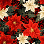 red poinsettias, cream flowers, black background, deep green leaves, red berries, floral pattern, christmas blooms, holiday fabric,, winter florals, botanical design, festive flowers, gold centers, seasonal pattern, fabric panel, cotton fabric, poinsettia blooms, holiday quilting, christmas fabric, floral motifs