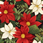 red poinsettias, white poinsettias, yellow centers, green foliage, christmas flowers, holiday blooms, floral pattern, botanical design, festive fabric,, seamless repeat, winter florals, holiday crafting, crimson petals, ivory flowers, dark background, decorative leaves, seasonal blooms, cotton panel