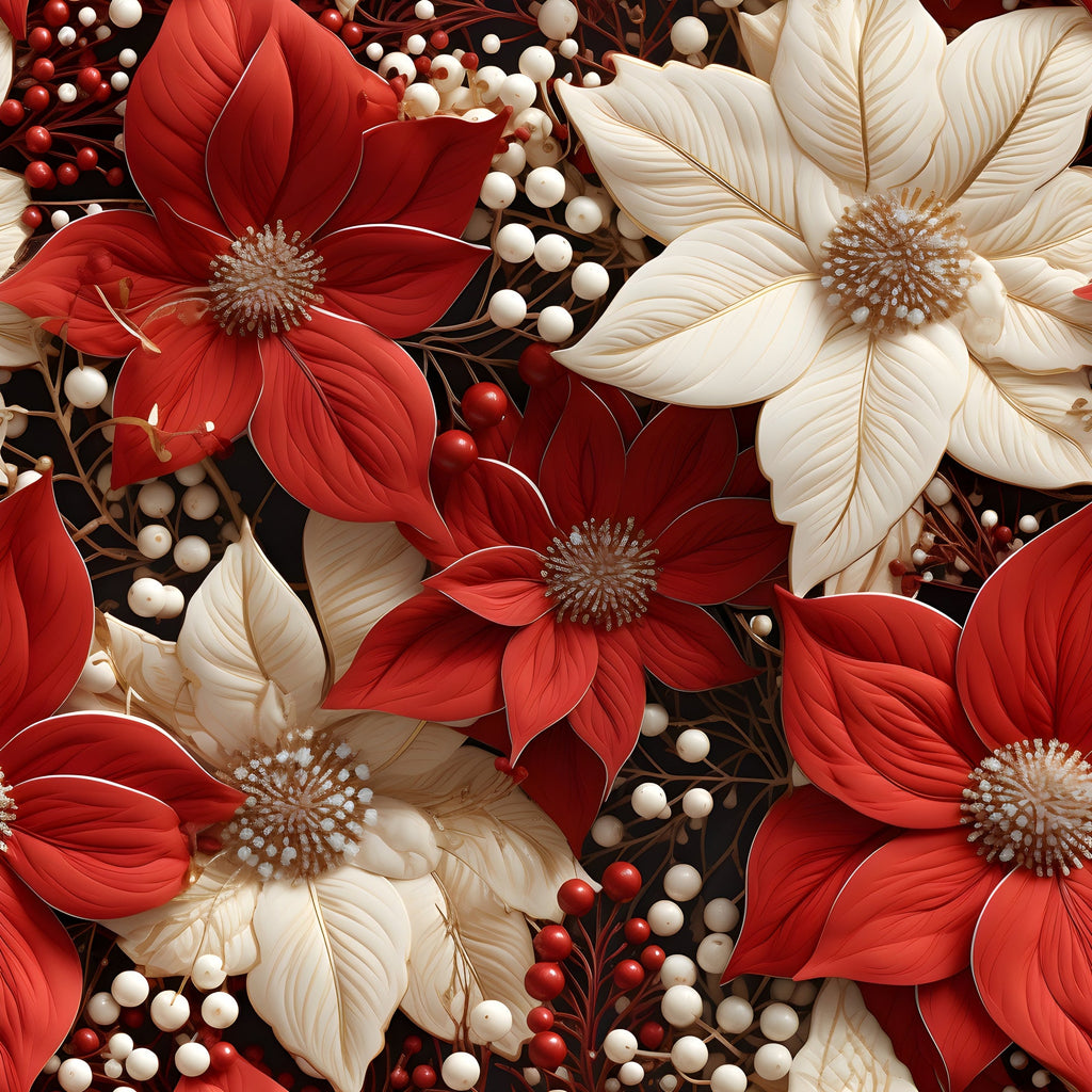 poinsettia flowers, red petals, cream petals, white berries, red berries, floral pattern, christmas blooms, holiday fabric,, fabric panel, botanical design, winter flowers, festive pattern, detailed petals, flower centers, berry clusters, seasonal blooms, holiday quilting, cotton fabric, poinsettia design