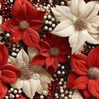 poinsettia flowers, red petals, cream petals, white berries, red berries, floral pattern, christmas blooms, holiday fabric,, fabric panel, botanical design, winter flowers, festive pattern, detailed petals, flower centers, berry clusters, seasonal blooms, holiday quilting, cotton fabric, poinsettia design