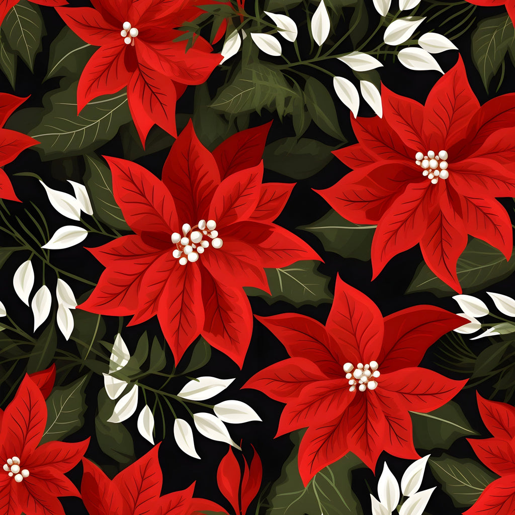 poinsettia flowers, red blooms, white petals, dark green leaves, black background, christmas floral, holiday pattern, botanical design,, fabric panel, festive flowers, winter blooms, seamless pattern, floral motif, bright red, cream white, deep green, holiday crafting, seasonal fabric, flower centers
