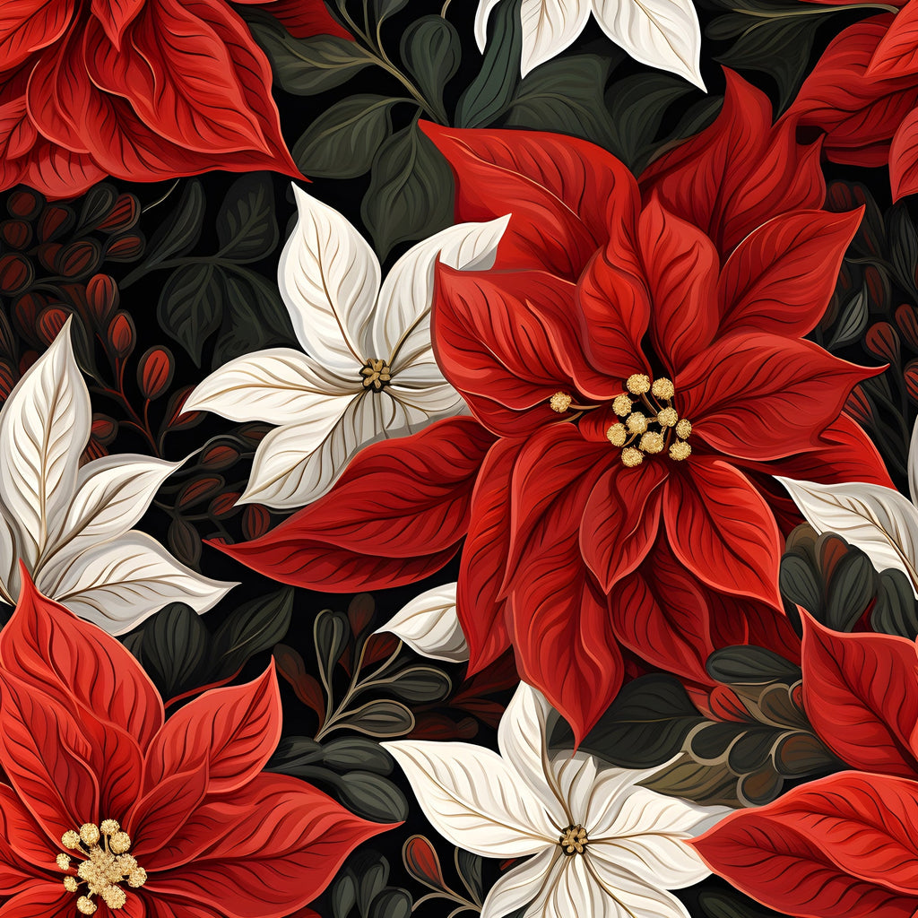 poinsettia flowers, red blooms, white flowers, cream petals, dark green leaves, golden stamens, floral pattern, botanical design, christmas flowers, holiday theme,, fabric panel, repeating pattern, winter blooms, festive florals, detailed petals, rich colors, seamless design
