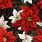 poinsettia flowers, red blooms, white flowers, cream petals, dark green leaves, golden stamens, floral pattern, botanical design, christmas flowers, holiday theme,, fabric panel, repeating pattern, winter blooms, festive florals, detailed petals, rich colors, seamless design