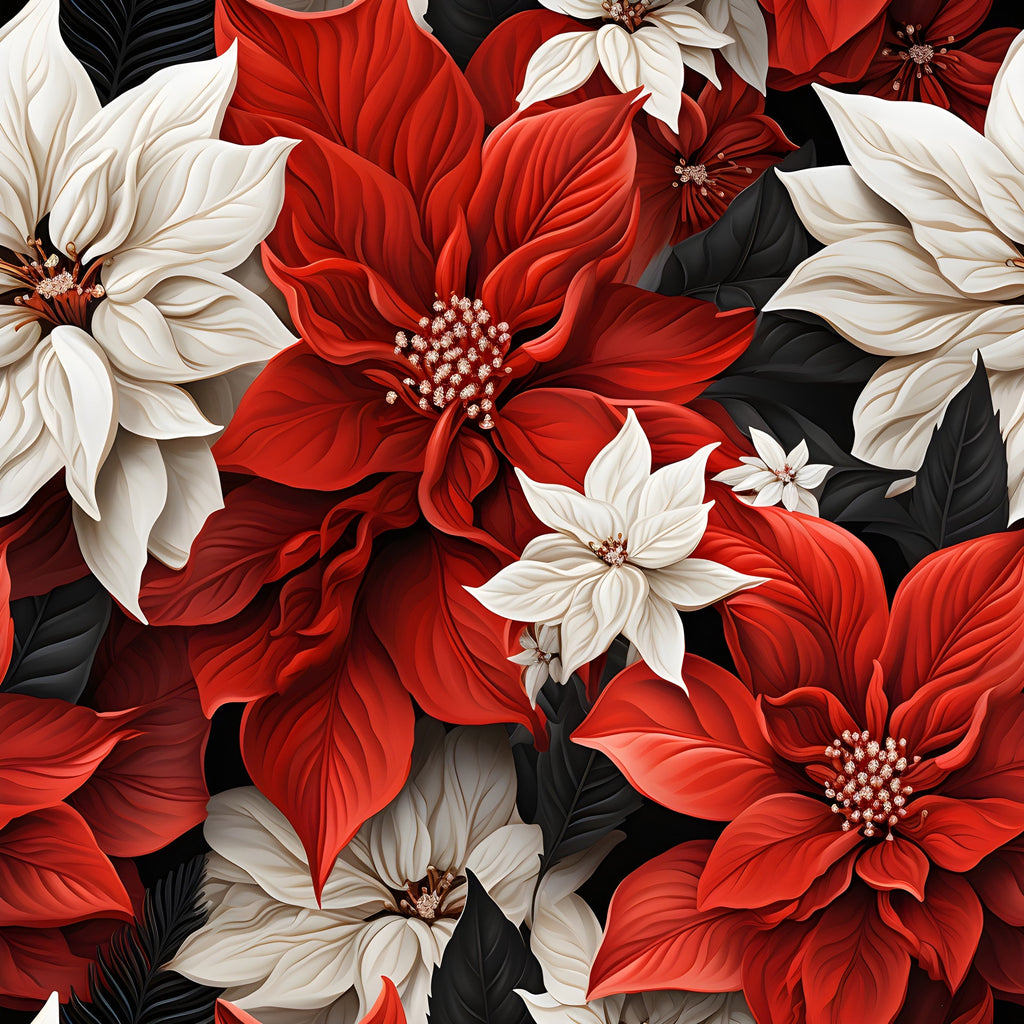 poinsettia flowers, red blooms, white flowers, cream petals, black leaves, dark foliage, floral pattern, botanical design, christmas flowers, holiday blooms,, fabric panel, realistic flowers, detailed petals, flower centers, layered blooms, winter florals, festive pattern, cotton fabric, quilting material