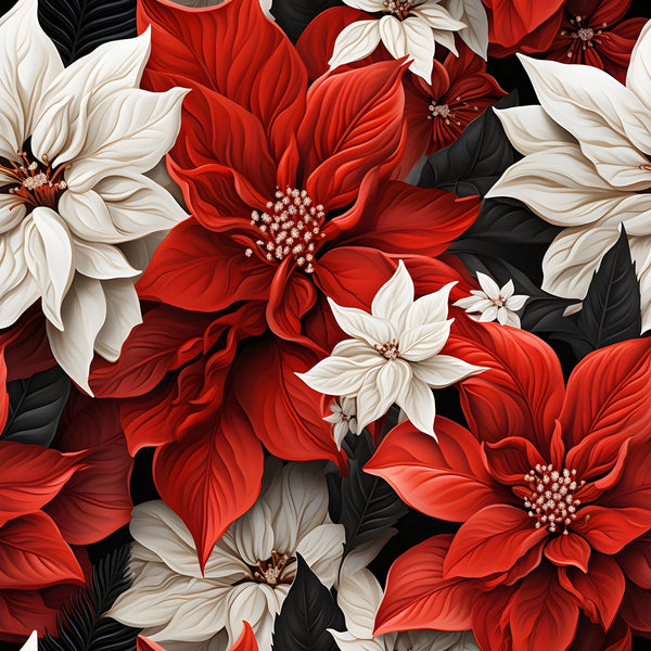 poinsettia flowers, red blooms, white flowers, cream petals, black leaves, dark foliage, floral pattern, botanical design, christmas flowers, holiday blooms,, fabric panel, realistic flowers, detailed petals, flower centers, layered blooms, winter florals, festive pattern, cotton fabric, quilting material