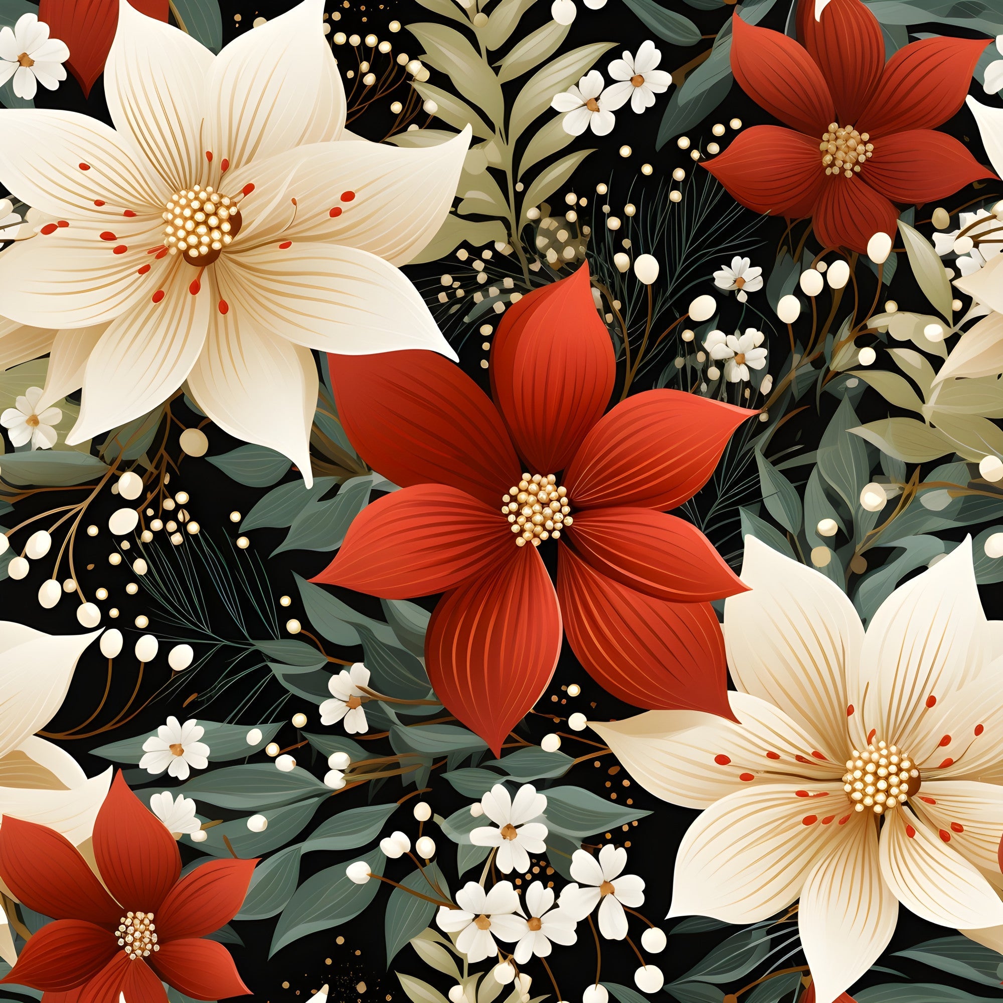 poinsettia flowers, red blooms, cream flowers, white flowers, black background, floral pattern, botanical design, christmas flowers, holiday blooms,, fabric panel, winter florals, festive pattern, seamless design, decorative flowers, seasonal blooms, elegant floral, cotton fabric, quilting material, holiday fabric