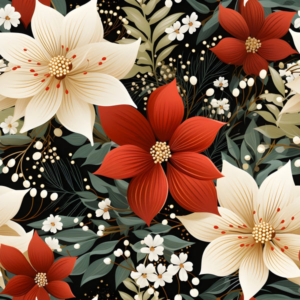 poinsettia flowers, red blooms, cream flowers, white flowers, black background, floral pattern, botanical design, christmas flowers, holiday blooms,, fabric panel, winter florals, festive pattern, seamless design, decorative flowers, seasonal blooms, elegant floral, cotton fabric, quilting material, holiday fabric