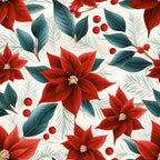 crimson red, deep green, cream background, poinsettia flowers, botanical pattern, holiday florals, christmas blooms, star-shaped petals, evergreen leaves, red berries,, fabric panel, festive design, winter botanicals, floral motif, seasonal flowers, elegant styling, natural elements, holiday crafting, decorative berries