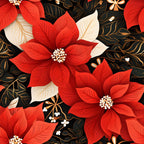 poinsettia flowers, red petals, cream petals, black background, golden accents, floral pattern, botanical design, christmas flowers, holiday fabric,, fabric panel, winter blooms, festive florals, elegant styling, decorative leaves, seasonal motifs, artistic illustration, rich colors, layered petals