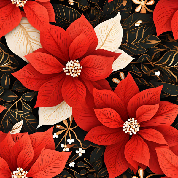 poinsettia flowers, red petals, cream petals, black background, golden accents, floral pattern, botanical design, christmas flowers, holiday fabric,, fabric panel, winter blooms, festive florals, elegant styling, decorative leaves, seasonal motifs, artistic illustration, rich colors, layered petals