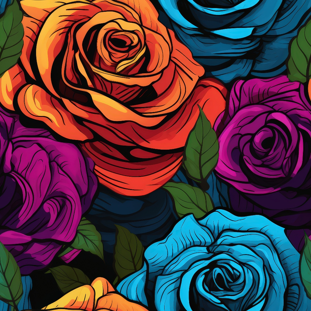 Colorful illustration of roses in blue, orange, purple, and red, surrounded by green leaves on a dark background.