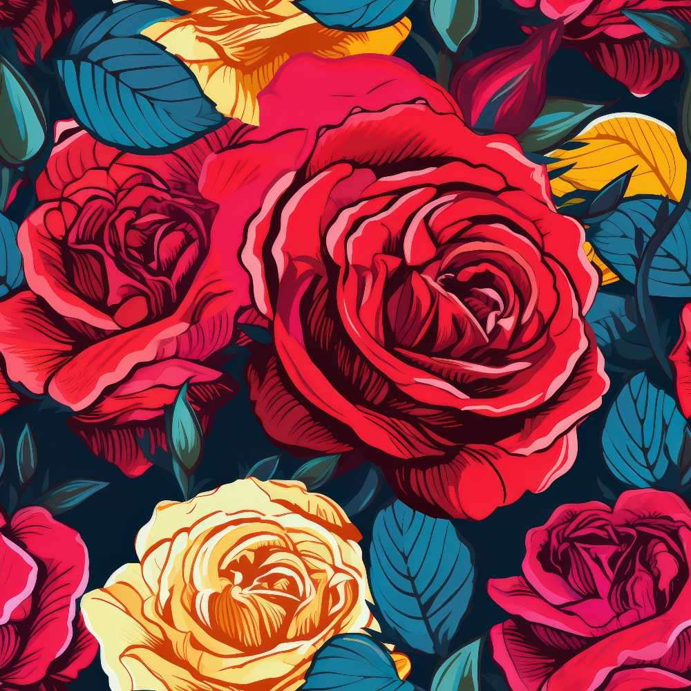 Colorful illustration of red and yellow roses with green leaves on a dark background.