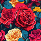 Colorful illustration of red and yellow roses with green leaves on a dark background.