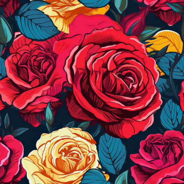 Colorful illustration of red and yellow roses with green leaves on a dark background.