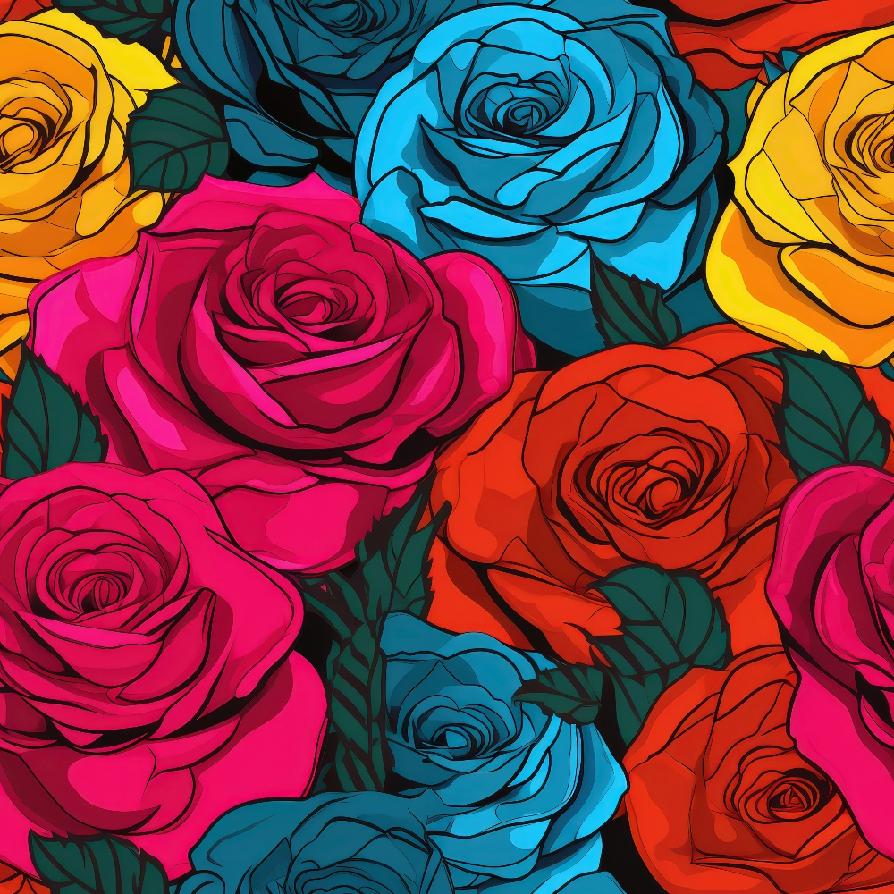 Colorful illustration of roses in red, pink, blue, yellow, and orange with green leaves, arranged in a dense, overlapping pattern.