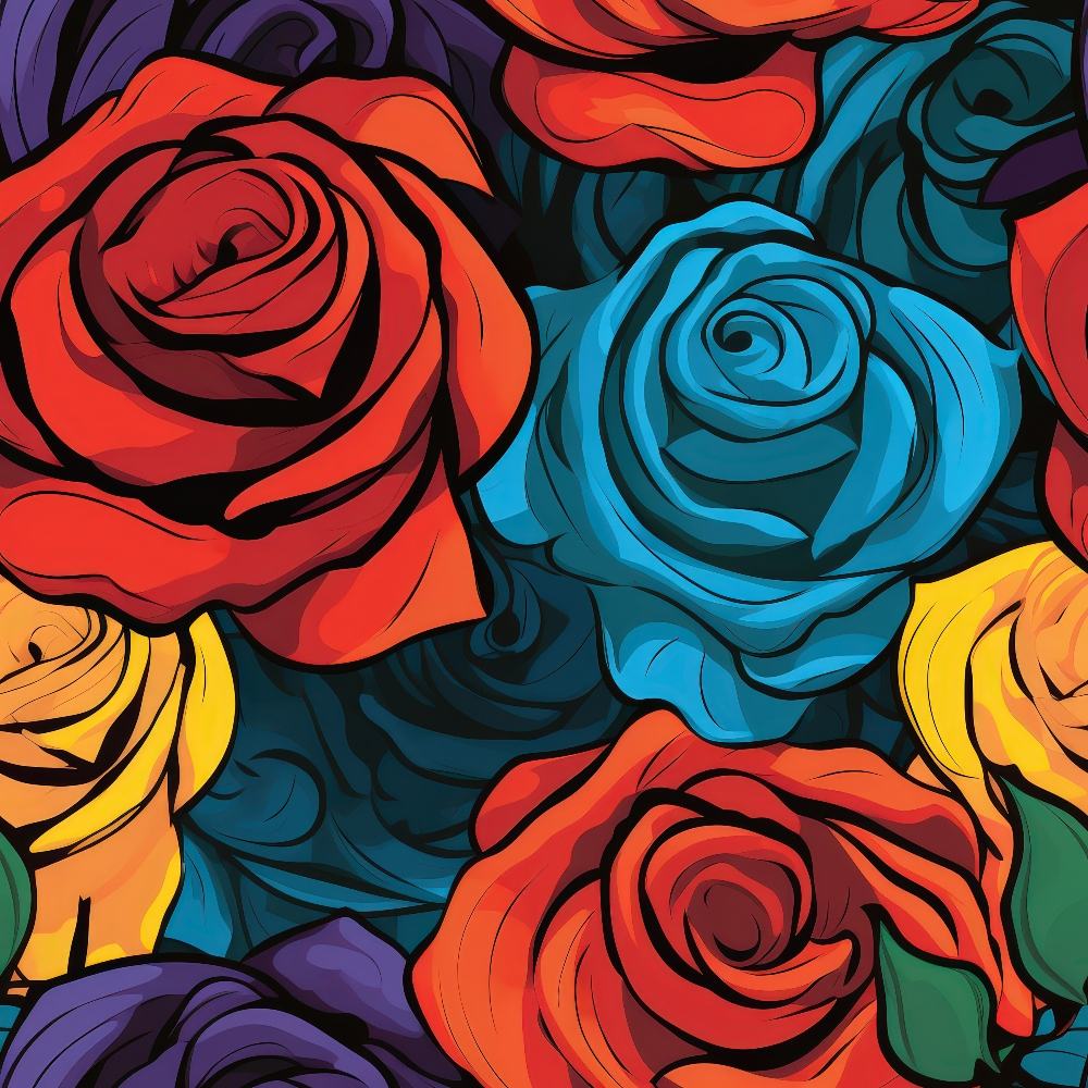 Colorful abstract floral pattern featuring red, blue, yellow, and purple roses with a stylized, swirling design.