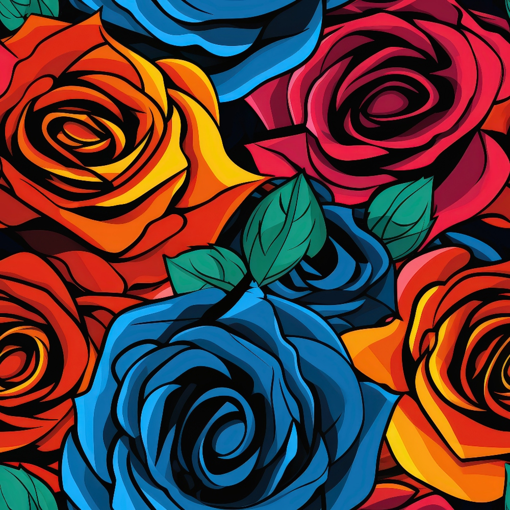 A vibrant illustration of overlapping roses in blue, red, and orange with green leaves.