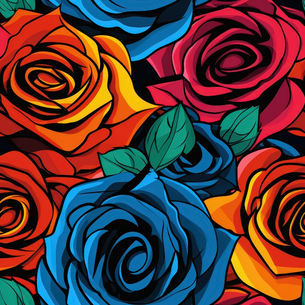 A vibrant illustration of overlapping roses in blue, red, and orange with green leaves.