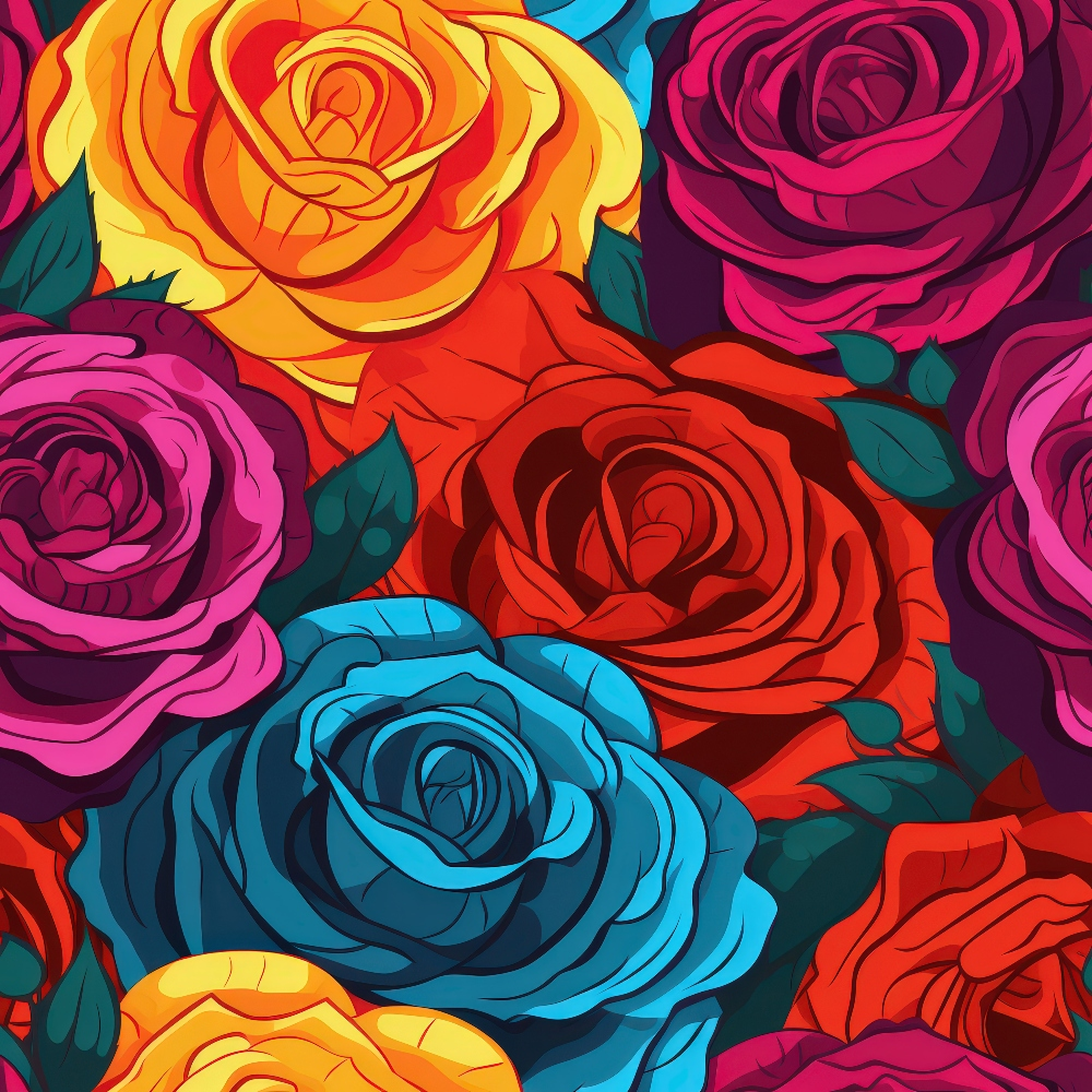 Colorful roses in vivid shades of red, blue, yellow, and purple fill the image, creating a vibrant and intricate pattern.