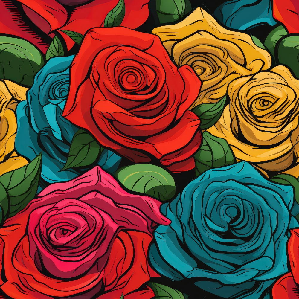 Colorful illustration of roses in red, blue, yellow, and pink with green leaves against a dark background.