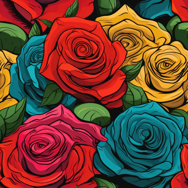 Colorful illustration of roses in red, blue, yellow, and pink with green leaves against a dark background.