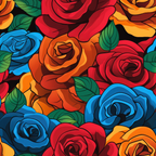 A vibrant illustration of red, orange, and blue roses with green leaves overlapping on a black background.