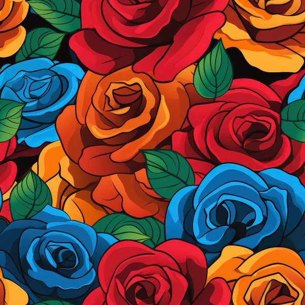 A vibrant illustration of red, orange, and blue roses with green leaves overlapping on a black background.
