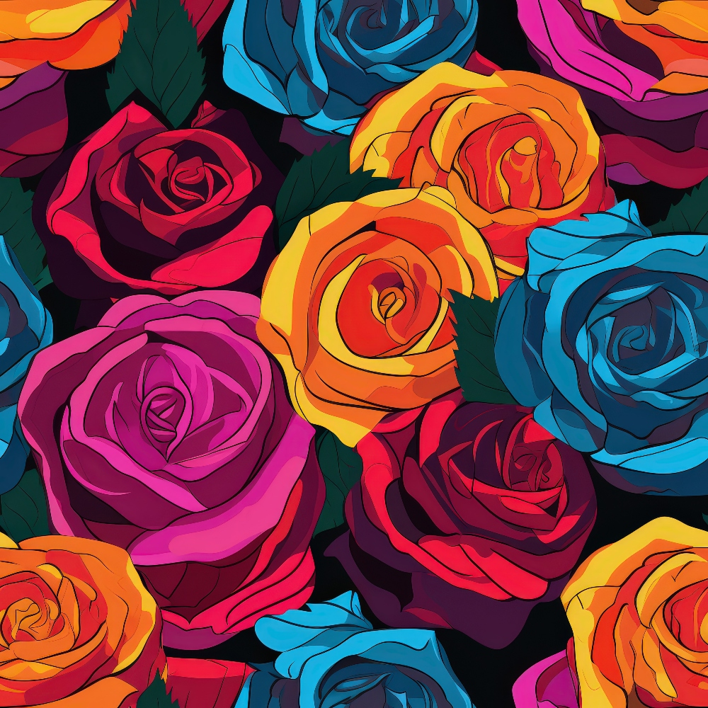 A vibrant pattern of roses in red, orange, yellow, blue, and pink with dark green leaves on a black background.