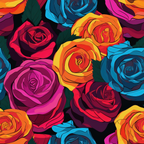 A vibrant pattern of roses in red, orange, yellow, blue, and pink with dark green leaves on a black background.