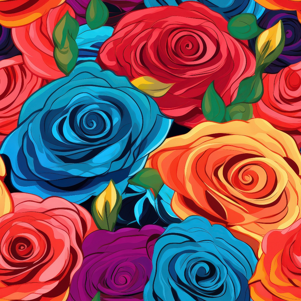 Colorful illustration of roses in red, blue, orange, and purple, surrounded by green leaves, creating a vibrant floral pattern.
