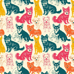 Colorful, repetitive pattern featuring stylized illustrations of small dogs in various poses against a light background.