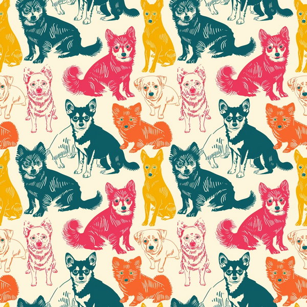 Colorful, repetitive pattern featuring stylized illustrations of small dogs in various poses against a light background.