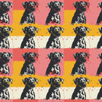 Pop art-style pattern of a dog repeated in a grid, using pink, yellow, and beige backgrounds.