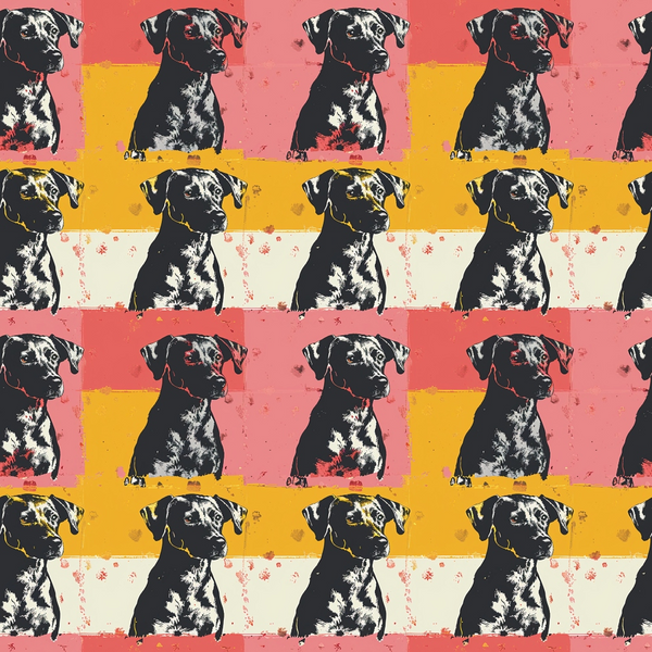Pop art-style pattern of a dog repeated in a grid, using pink, yellow, and beige backgrounds.